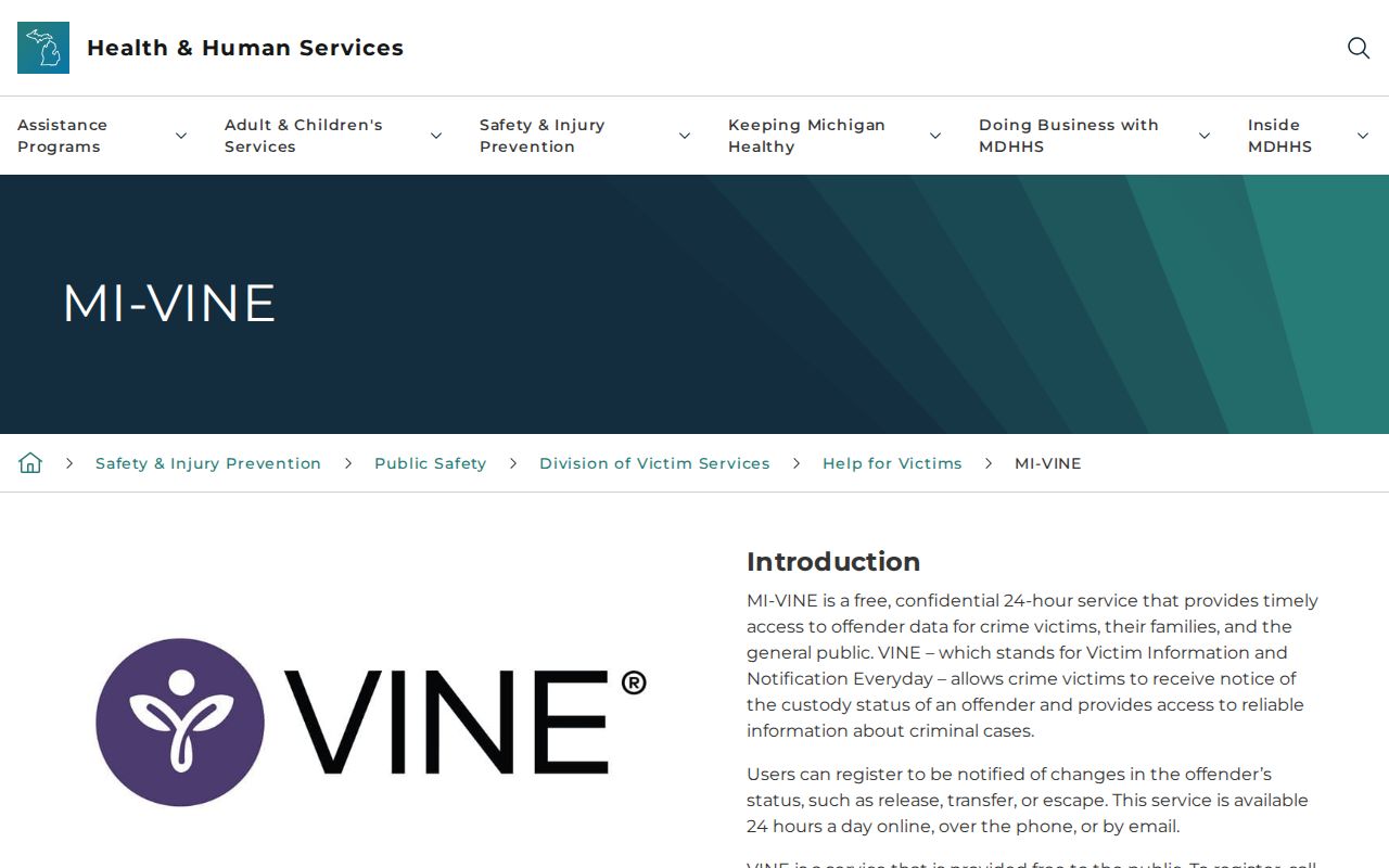 Michigan MI-VINE custody notification webpage