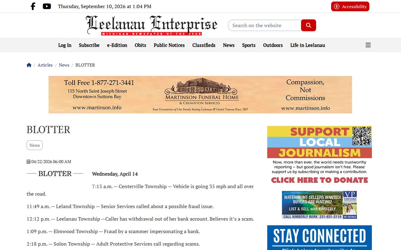 Leelanau County recent arrest news blotter